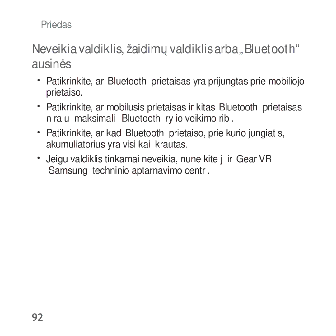 Samsung SM-R324NZAASEB manual Neveikia valdiklis, žaidimų valdiklis arba„Bluetooth ausinės 