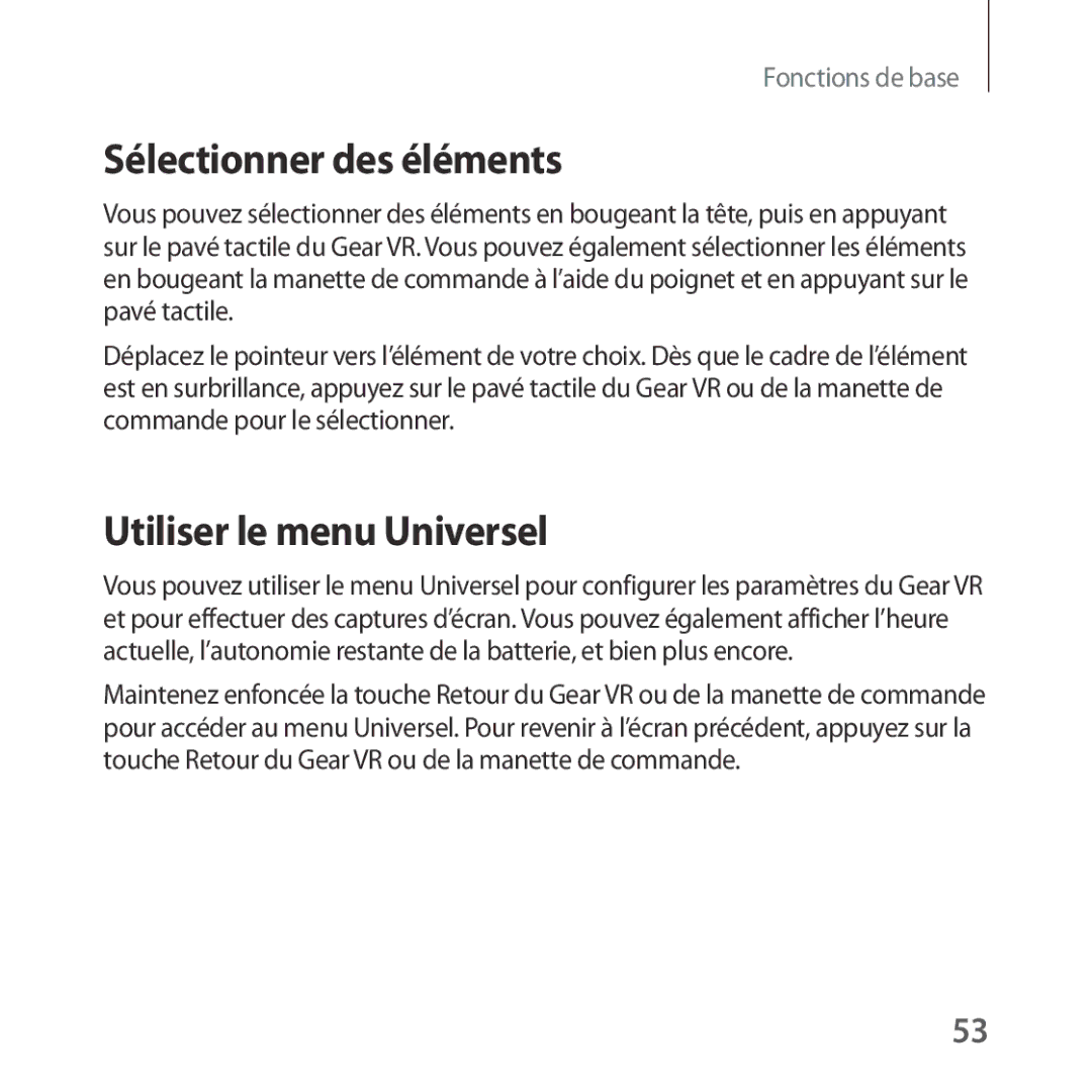 Samsung SM-R324NZAAXEF manual Sélectionner des éléments, Utiliser le menu Universel 