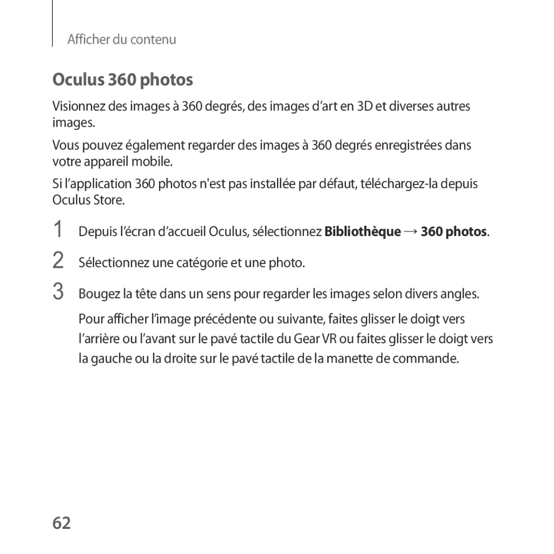 Samsung SM-R324NZAAXEF manual Oculus 360 photos, Sélectionnez une catégorie et une photo 