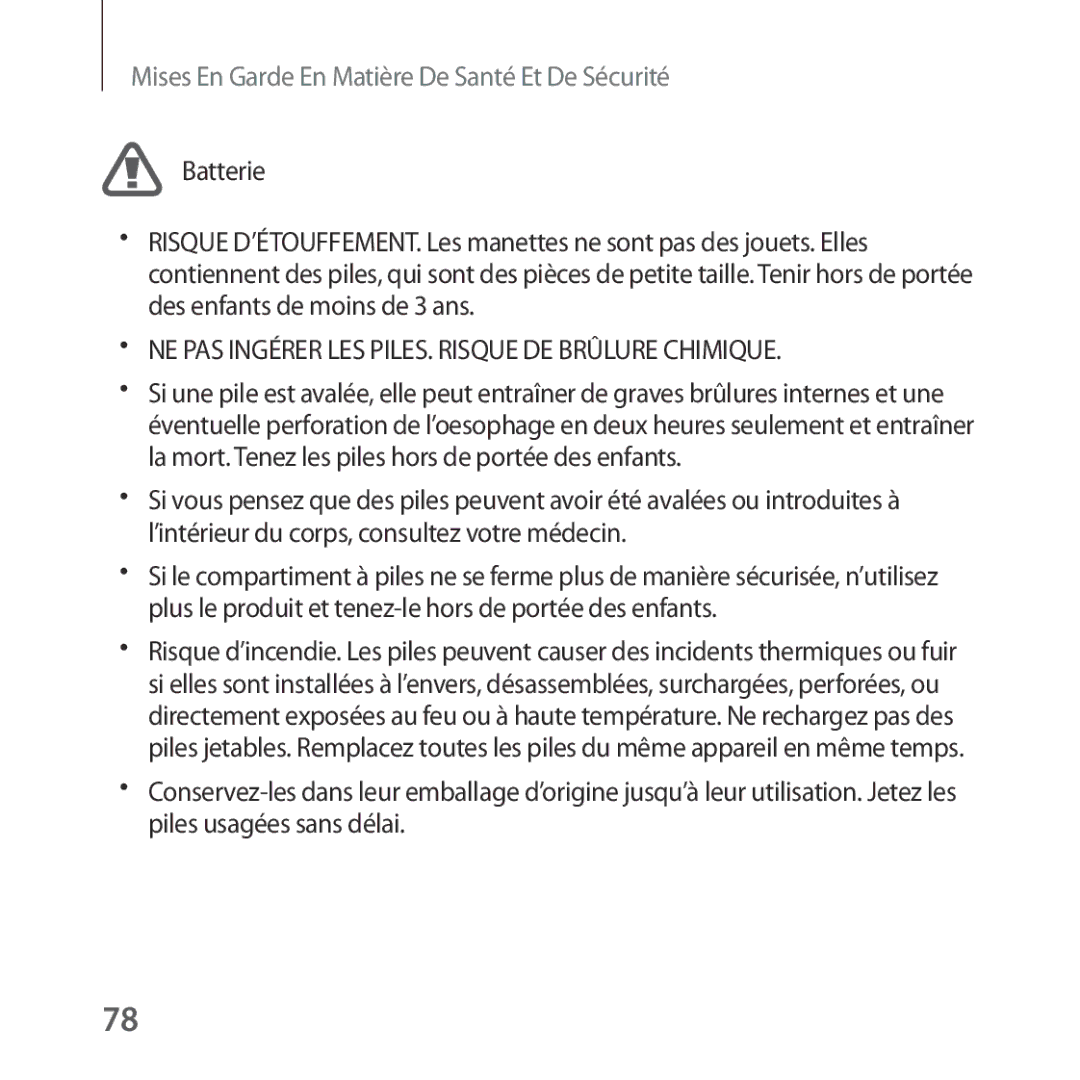 Samsung SM-R324NZAAXEF manual NE PAS Ingérer LES PILES. Risque DE Brûlure Chimique 