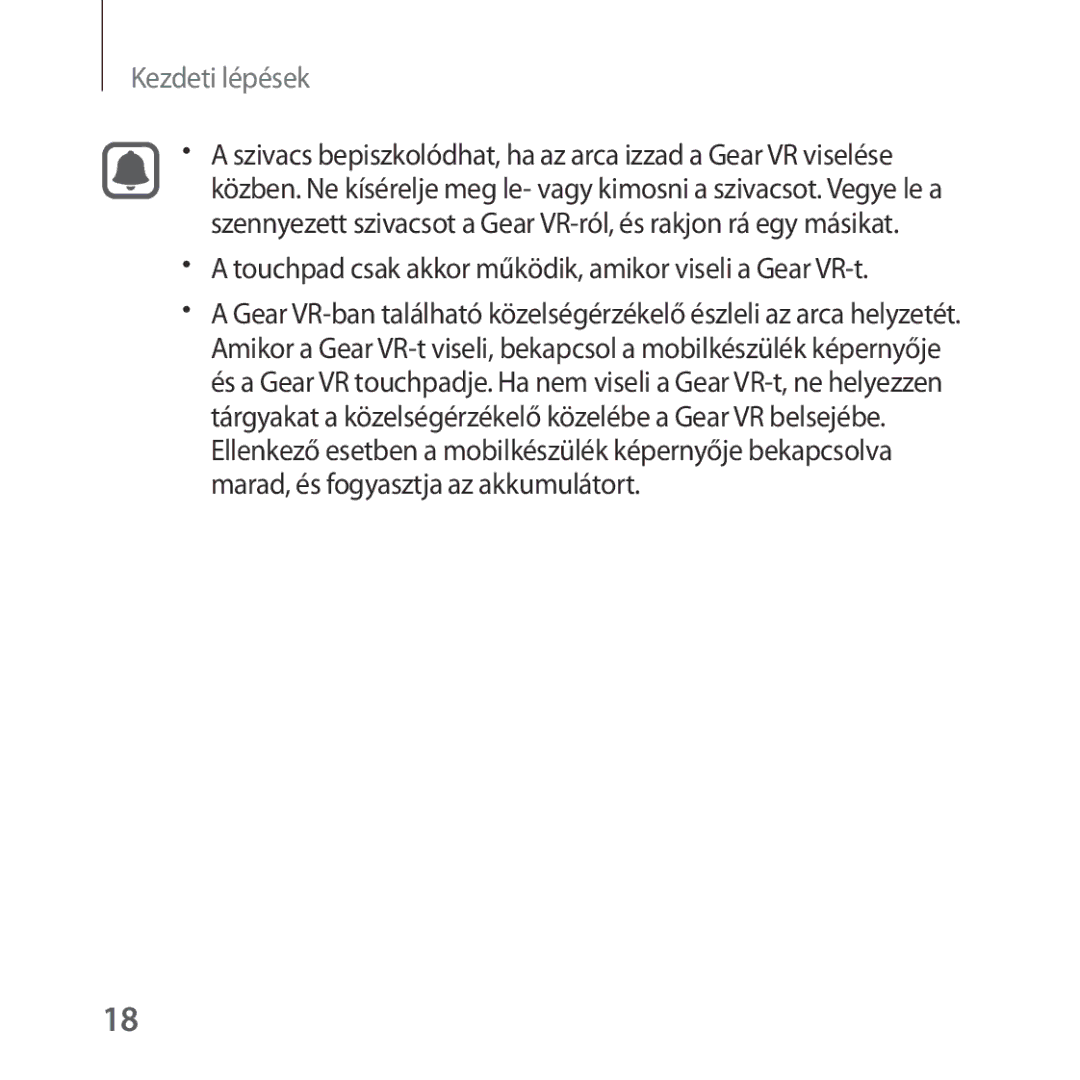 Samsung SM-R324NZAAXEH manual Touchpad csak akkor működik, amikor viseli a Gear VR-t 