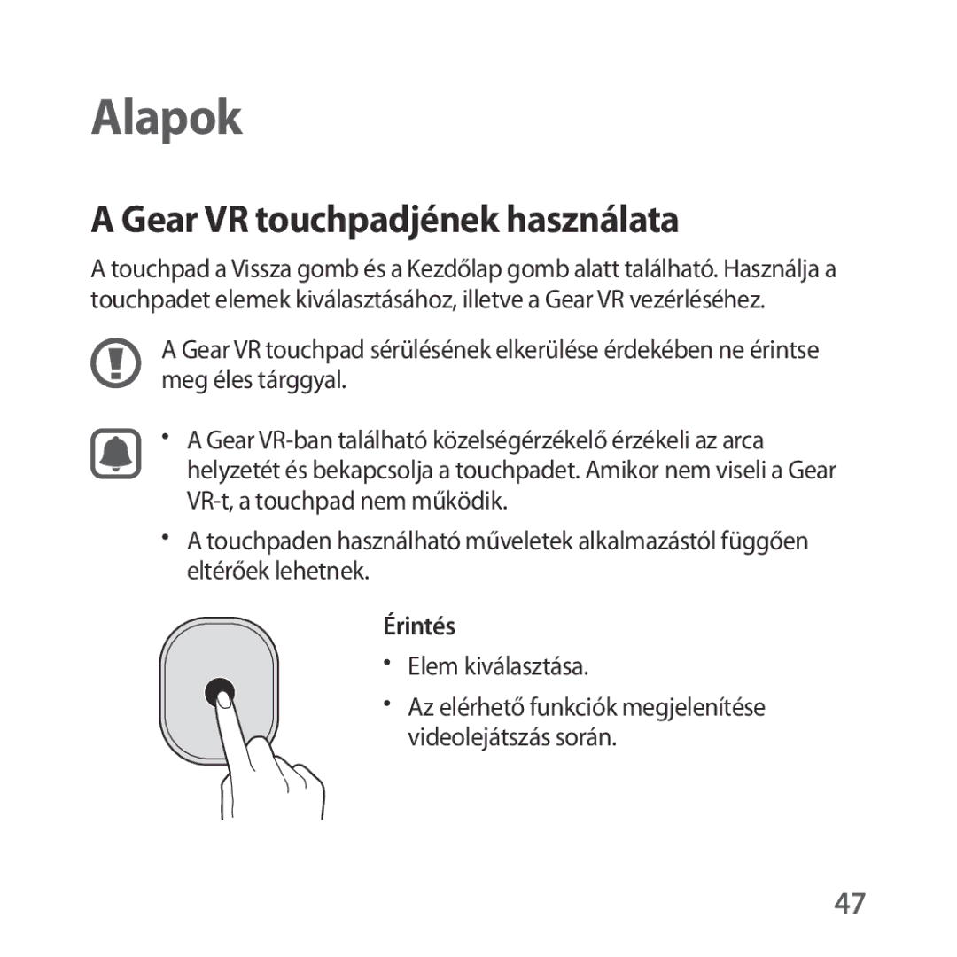 Samsung SM-R324NZAAXEH manual Gear VR touchpadjének használata, Érintés, Elem kiválasztása 