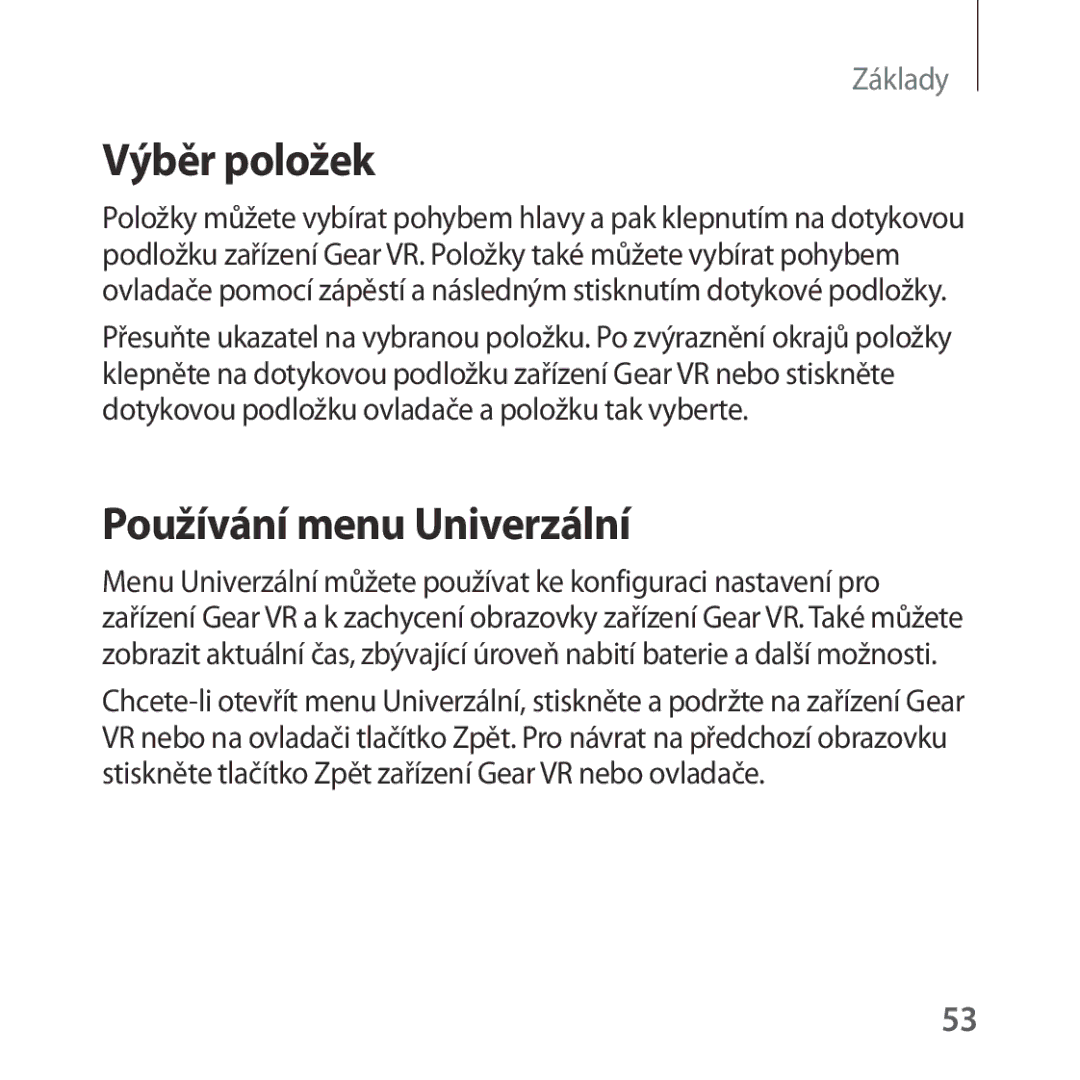 Samsung SM-R324NZAAXEZ manual Výběr položek, Používání menu Univerzální 