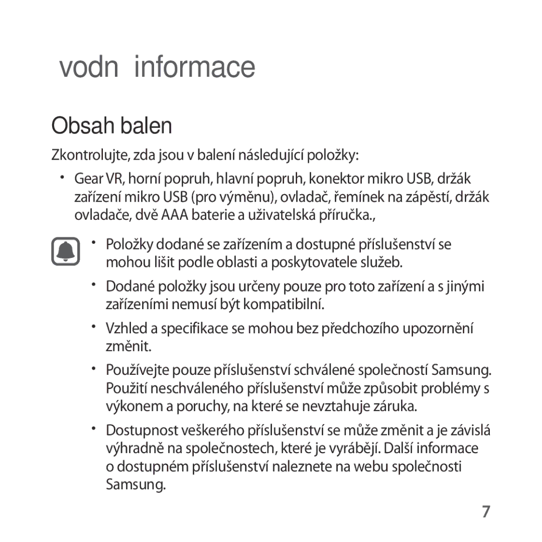 Samsung SM-R324NZAAXEZ manual Obsah balení, Zkontrolujte, zda jsou v balení následující položky 