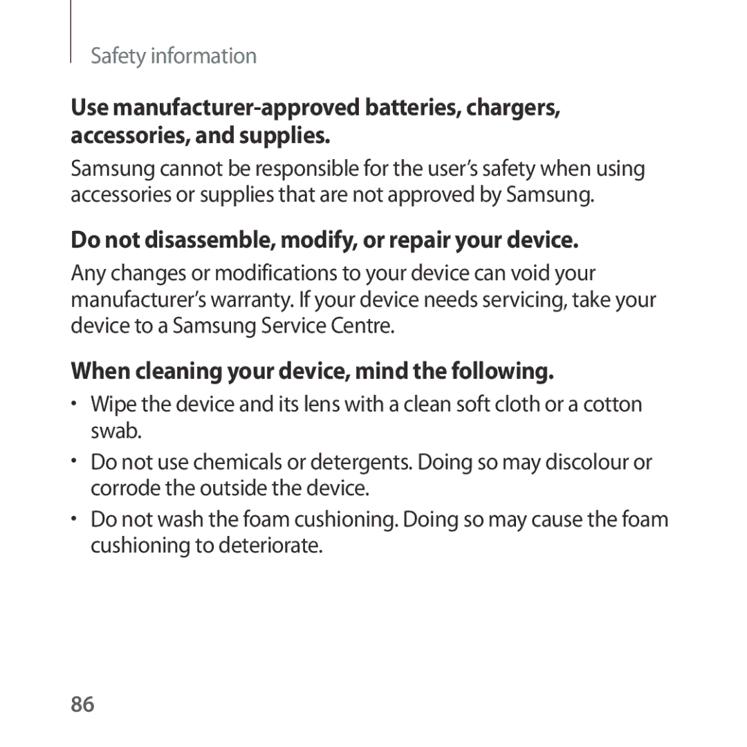 Samsung SM-R324NZAAILO, SM-R324NZAAXJP, SM-R324NZAAKSA, SM-R324NZAAXXV Do not disassemble, modify, or repair your device 