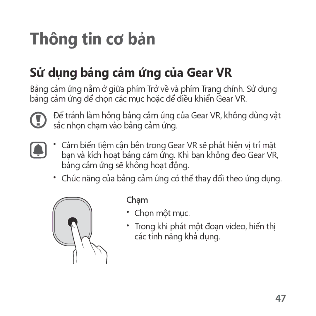 Samsung SM-R324NZAAXXV manual Sử dụng bảng cảm ứng của Gear VR, Chạm 