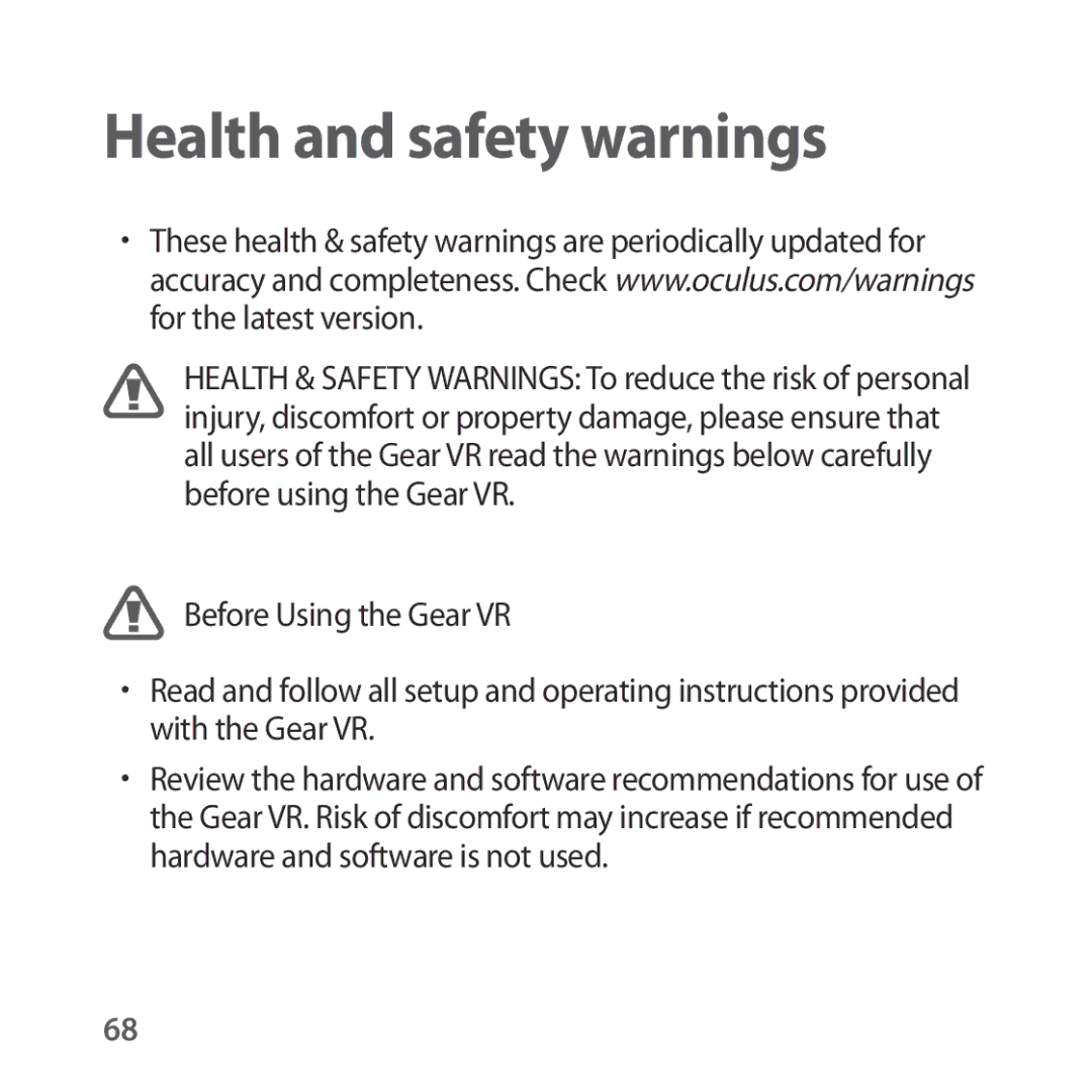 Samsung SM-R325NZVASEB, SM-R325NZVADBT, SM-R325NZVAXEF, SM-R325NZVAXJP, SM-R325NZVAITV manual Health and safety warnings 