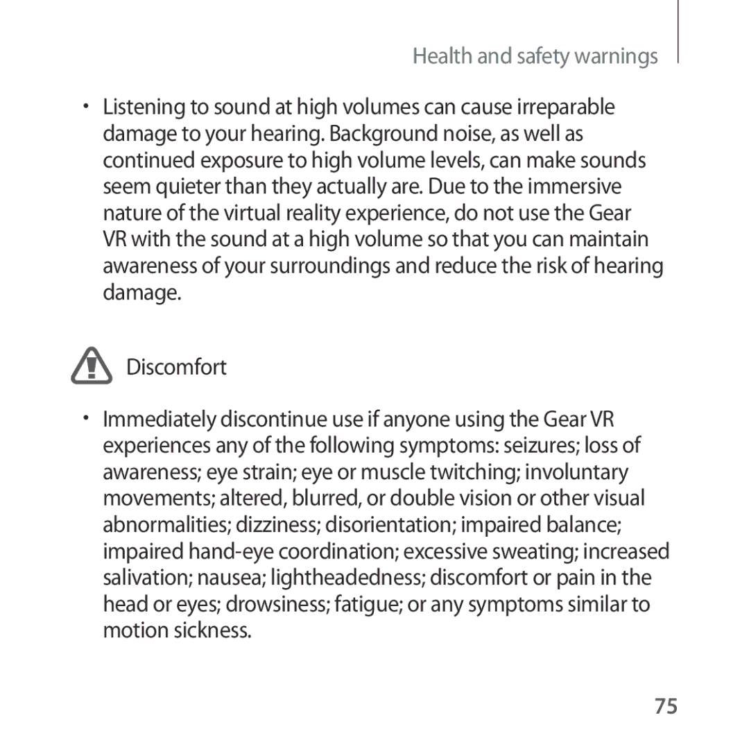 Samsung SM-R325NZVAXEF, SM-R325NZVADBT, SM-R325NZVAXJP, SM-R325NZVAITV, SM-R325NZVAPHE, SM-R325NZVAXXV manual Discomfort 