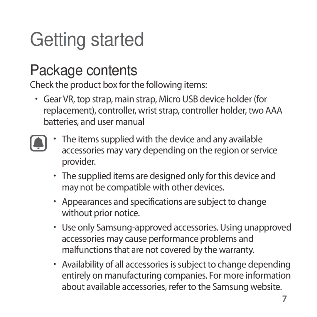 Samsung SM-R325NZVANEE, SM-R325NZVADBT, SM-R325NZVAXEF, SM-R325NZVAXJP, SM-R325NZVAITV manual Getting started, Package contents 