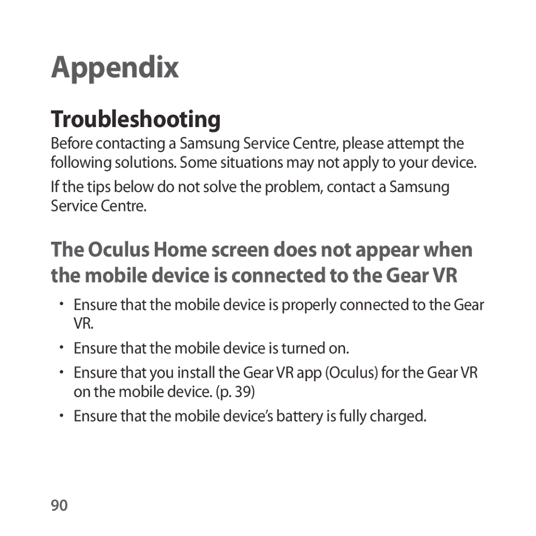 Samsung SM-R325NZVAXEF, SM-R325NZVADBT, SM-R325NZVAXJP, SM-R325NZVAITV, SM-R325NZVAPHE manual Appendix, Troubleshooting 