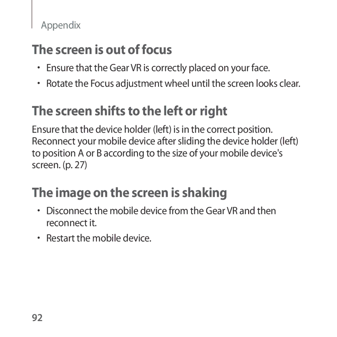 Samsung SM-R325NZVAITV manual Screen is out of focus, Screen shifts to the left or right, Image on the screen is shaking 