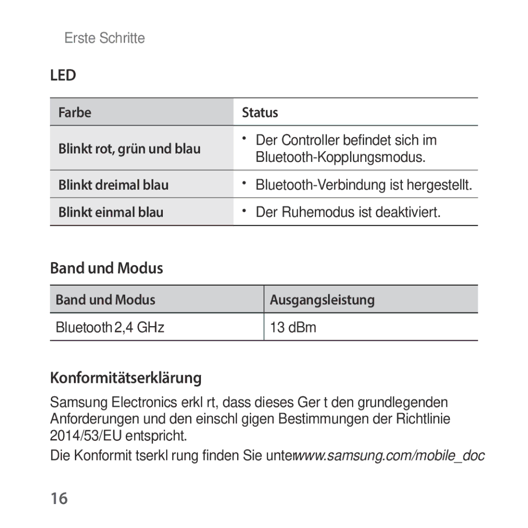 Samsung SM-R325NZVADBT manual Blinkt einmal blau Der Ruhemodus ist deaktiviert 