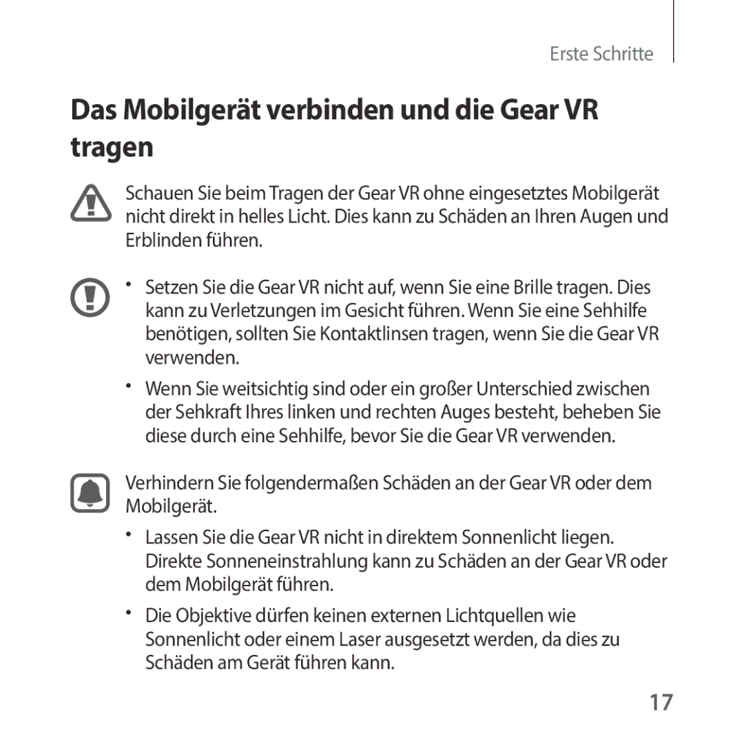 Samsung SM-R325NZVADBT manual Das Mobilgerät verbinden und die Gear VR tragen 