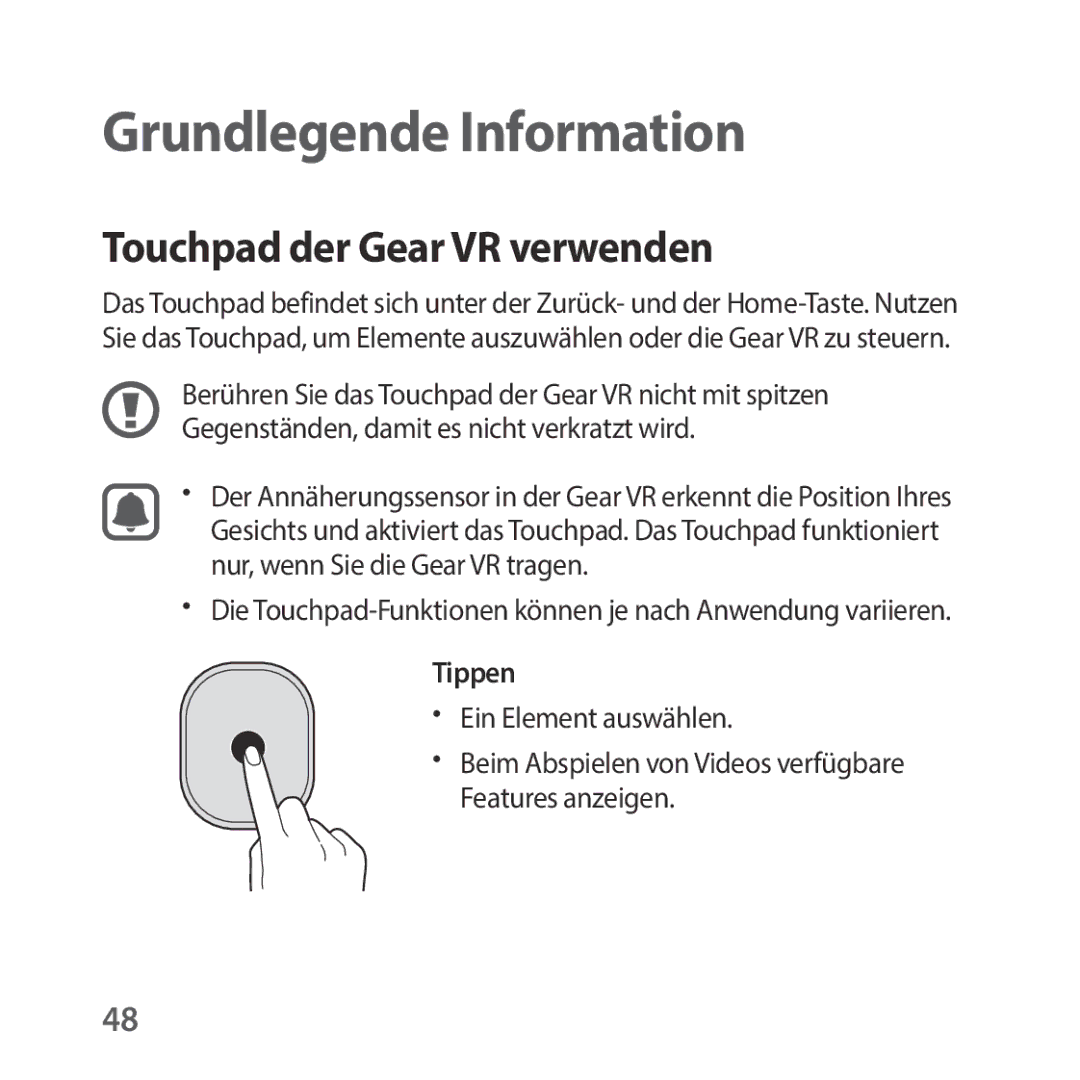 Samsung SM-R325NZVADBT manual Touchpad der Gear VR verwenden, Tippen 