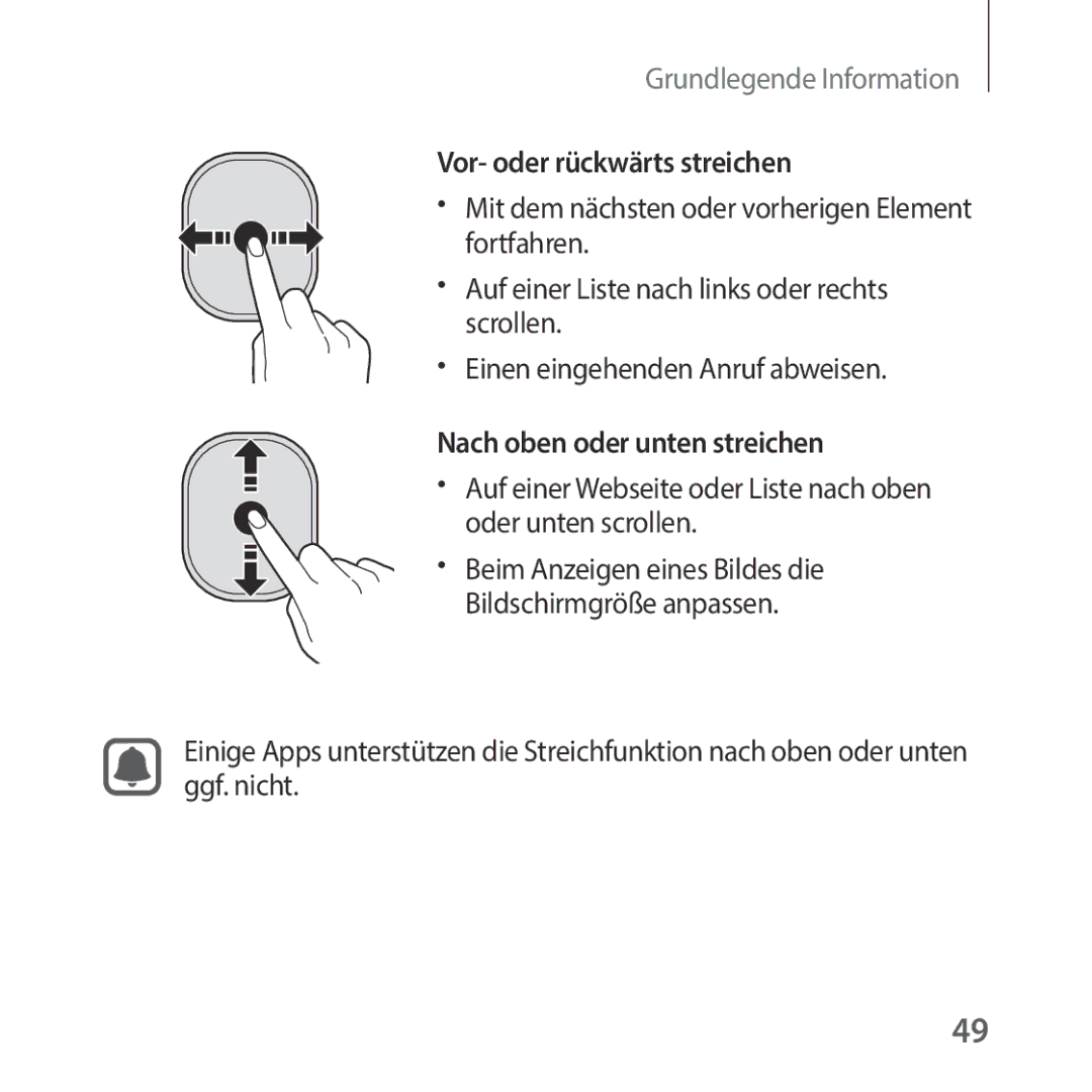 Samsung SM-R325NZVADBT manual Vor- oder rückwärts streichen, Nach oben oder unten streichen, Oder unten scrollen 