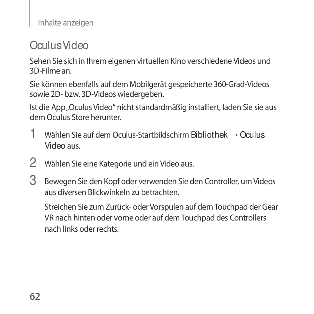 Samsung SM-R325NZVADBT manual Oculus Video, Wählen Sie eine Kategorie und ein Video aus 