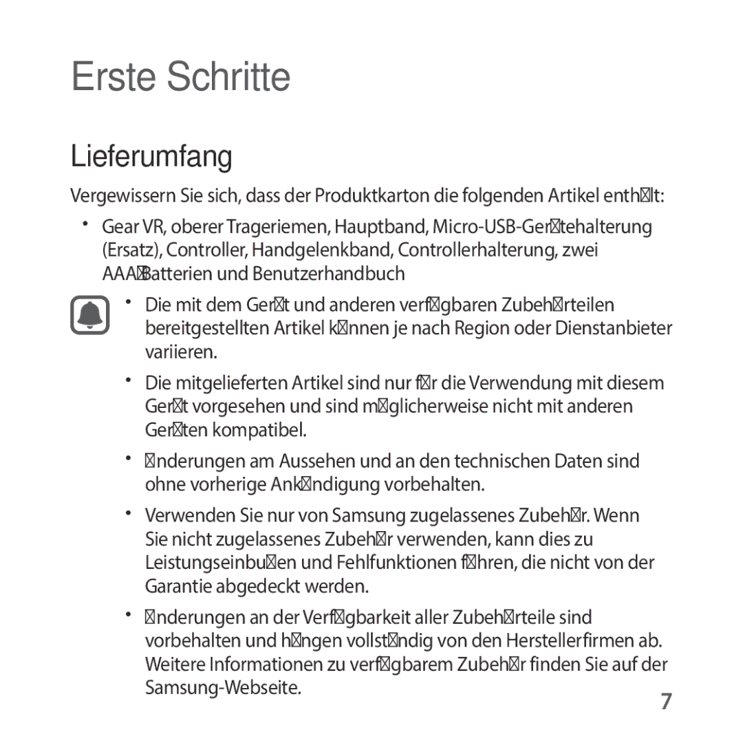 Samsung SM-R325NZVADBT manual Lieferumfang, Samsung-Webseite.7 
