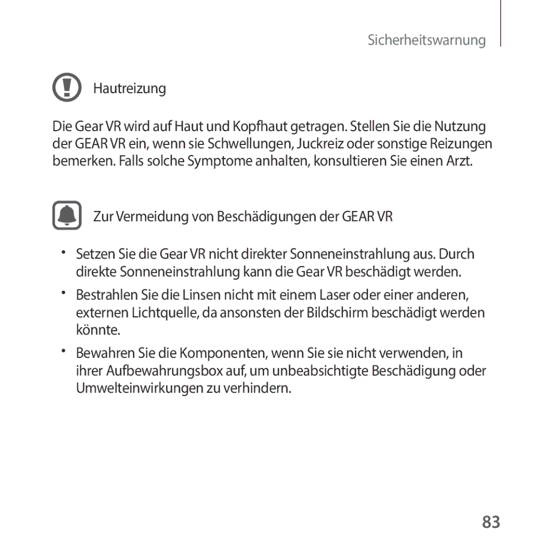 Samsung SM-R325NZVADBT manual Hautreizung, Zur Vermeidung von Beschädigungen der Gear VR 