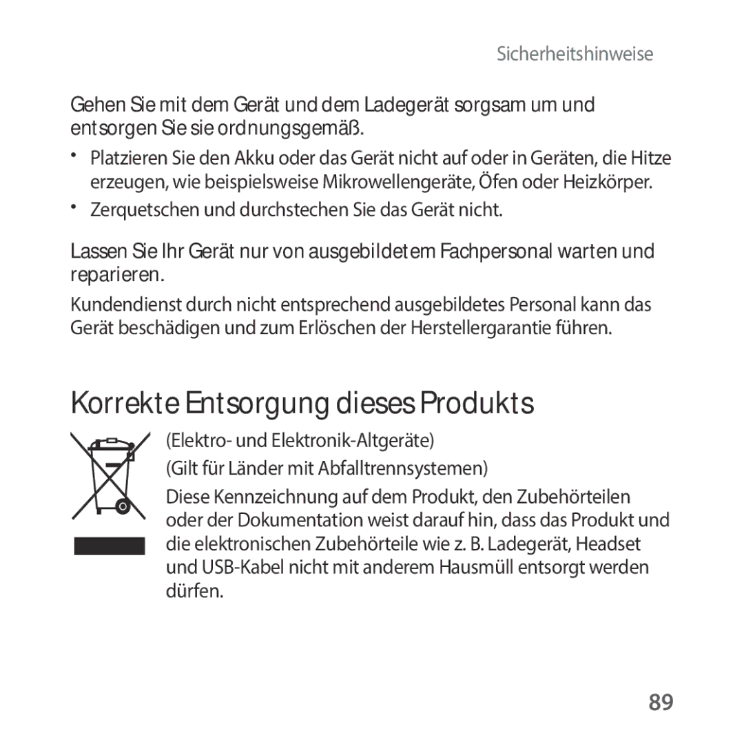 Samsung SM-R325NZVADBT manual Korrekte Entsorgung dieses Produkts, Zerquetschen und durchstechen Sie das Gerät nicht 