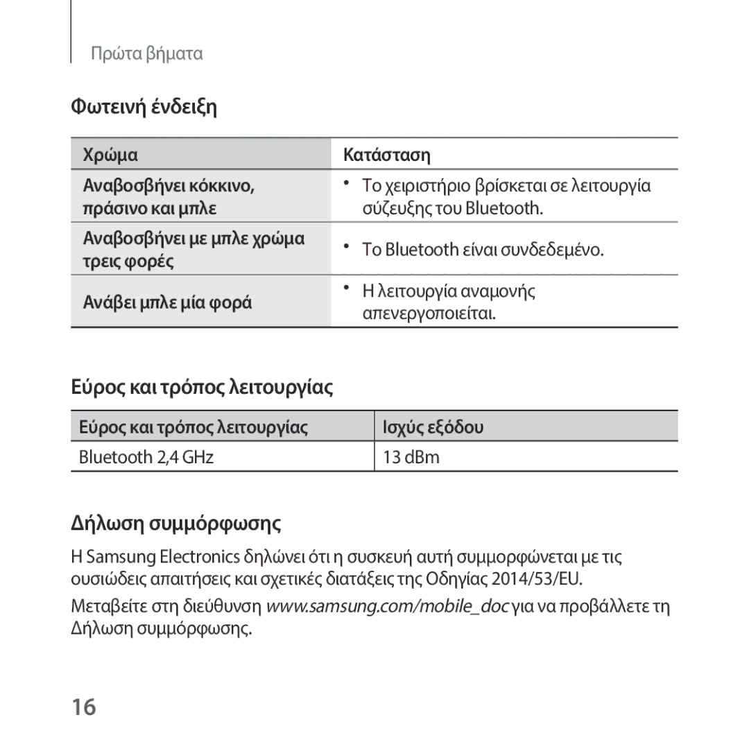 Samsung SM-R325NZVAEUR manual Χρώμα Κατάσταση Αναβοσβήνει κόκκινο, Πράσινο και μπλε Σύζευξης του Bluetooth, Ισχύς εξόδου 