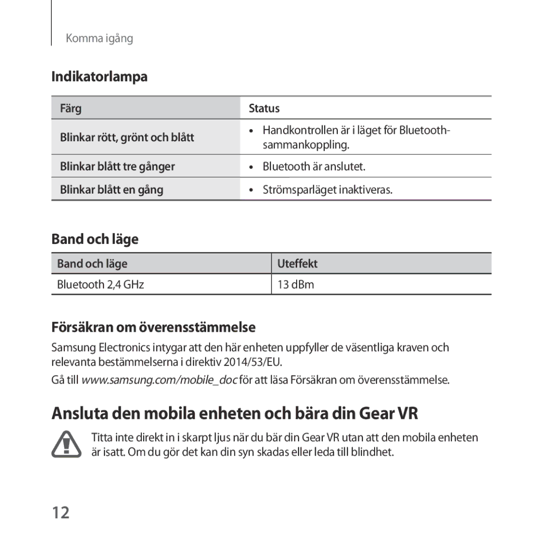 Samsung SM-R325NZVANEE manual Ansluta den mobila enheten och bära din Gear VR, Indikatorlampa 