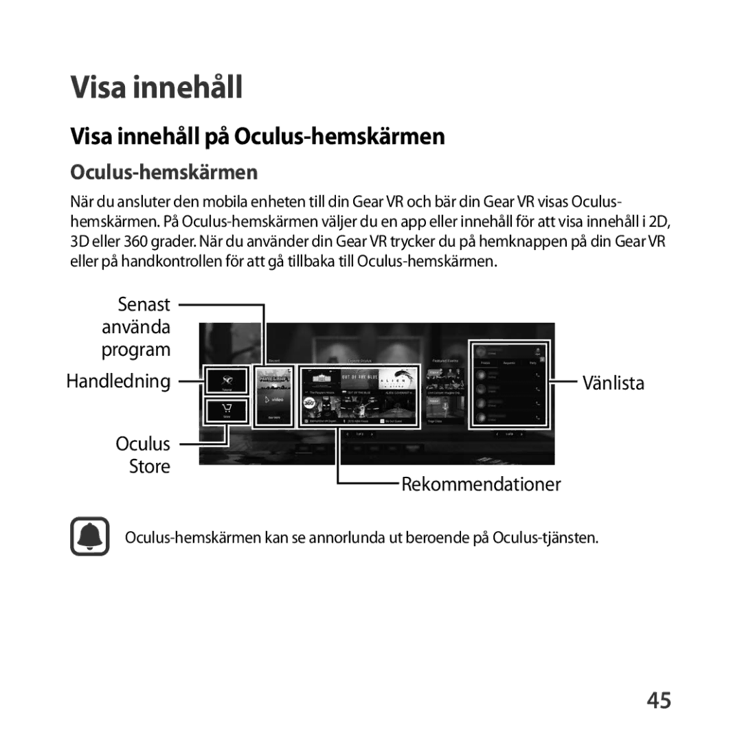 Samsung SM-R325NZVANEE manual Visa innehåll på Oculus-hemskärmen 