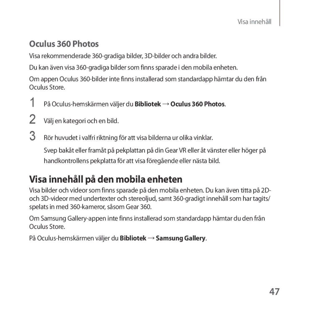 Samsung SM-R325NZVANEE manual Visa innehåll på den mobila enheten, Oculus 360 Photos 