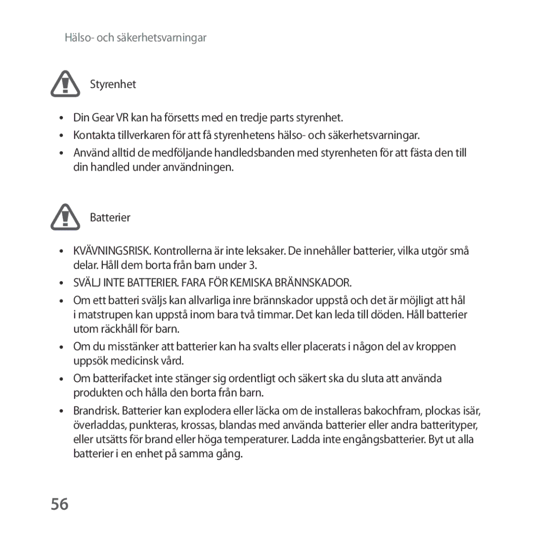 Samsung SM-R325NZVANEE manual Svälj Inte BATTERIER. Fara FÖR Kemiska Brännskador 