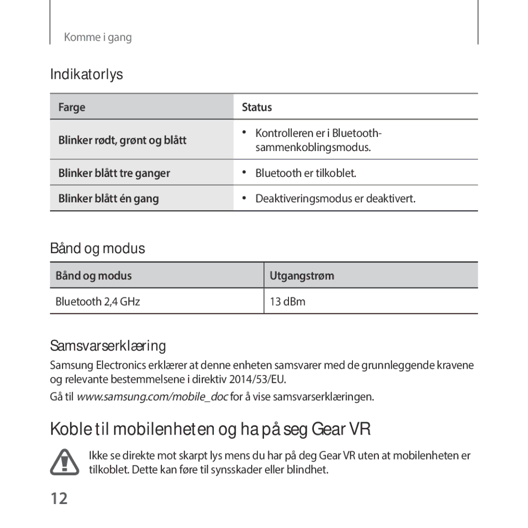 Samsung SM-R325NZVANEE Koble til mobilenheten og ha på seg Gear VR, Bånd og modus Utgangstrøm Bluetooth 2,4 GHz 13 dBm 