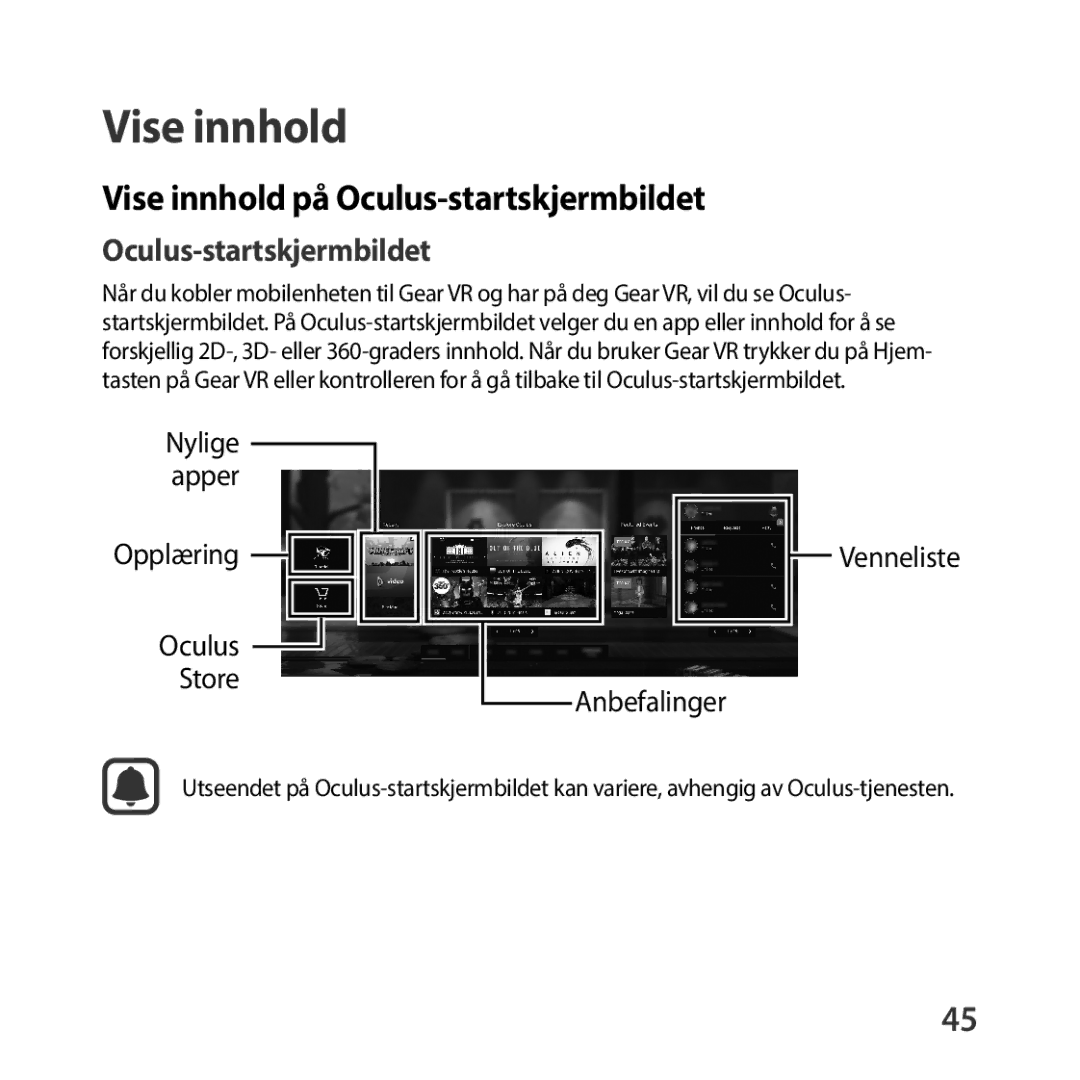 Samsung SM-R325NZVANEE manual Vise innhold på Oculus-startskjermbildet 