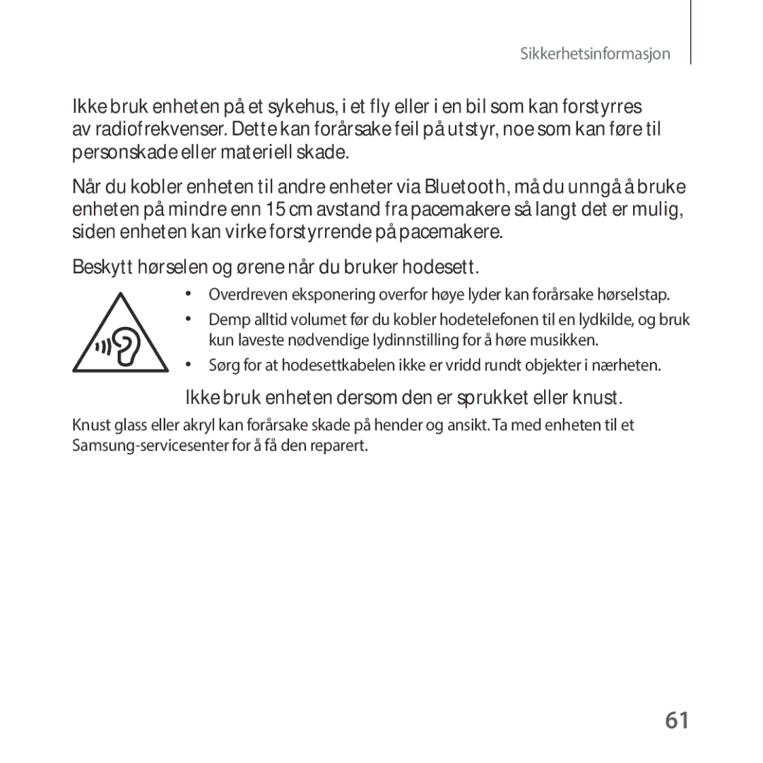 Samsung SM-R325NZVANEE manual Beskytt hørselen og ørene når du bruker hodesett 