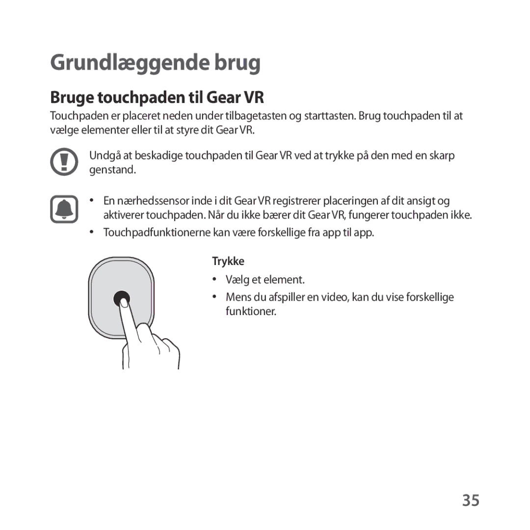 Samsung SM-R325NZVANEE manual Bruge touchpaden til Gear VR, Trykke 