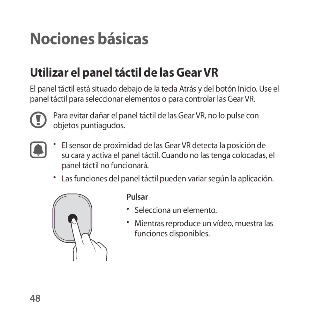 Samsung SM-R325NZVAPHE manual Utilizar el panel táctil de las Gear VR, Pulsar 