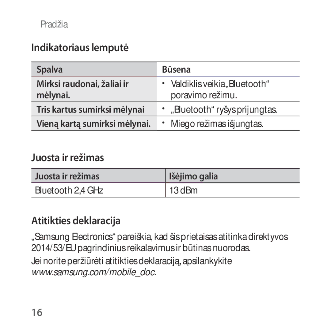 Samsung SM-R325NZVASEB manual Spalva Būsena Mirksi raudonai, žaliai ir, Mėlynai 