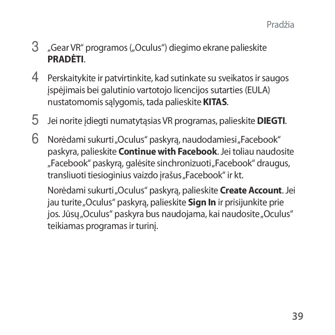 Samsung SM-R325NZVASEB manual „Gear VR programos „Oculus diegimo ekrane palieskite, Pradėti 