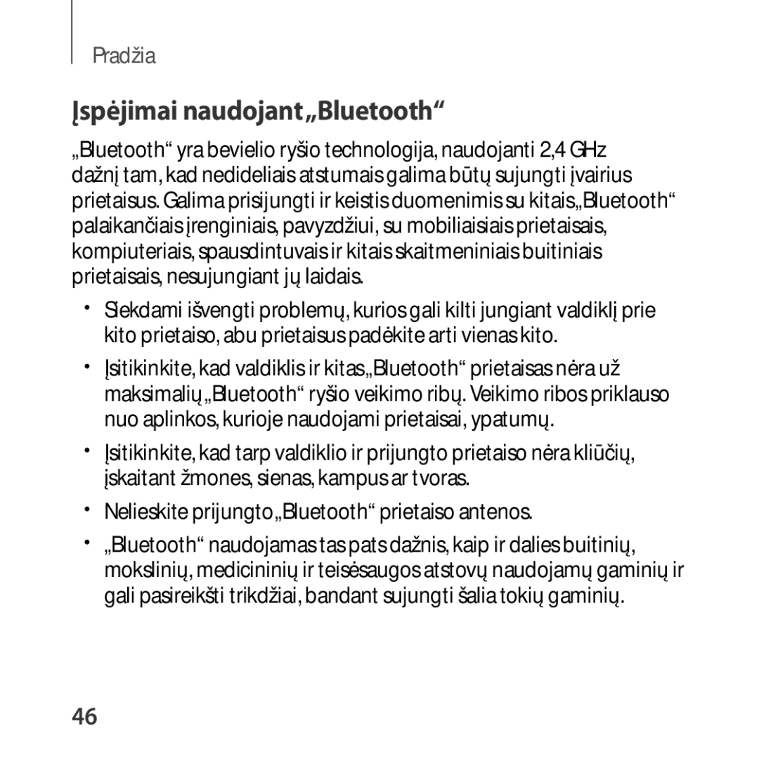 Samsung SM-R325NZVASEB manual Įspėjimai naudojant„Bluetooth 