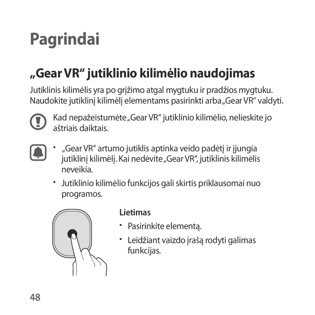 Samsung SM-R325NZVASEB manual „Gear VR jutiklinio kilimėlio naudojimas, Lietimas 