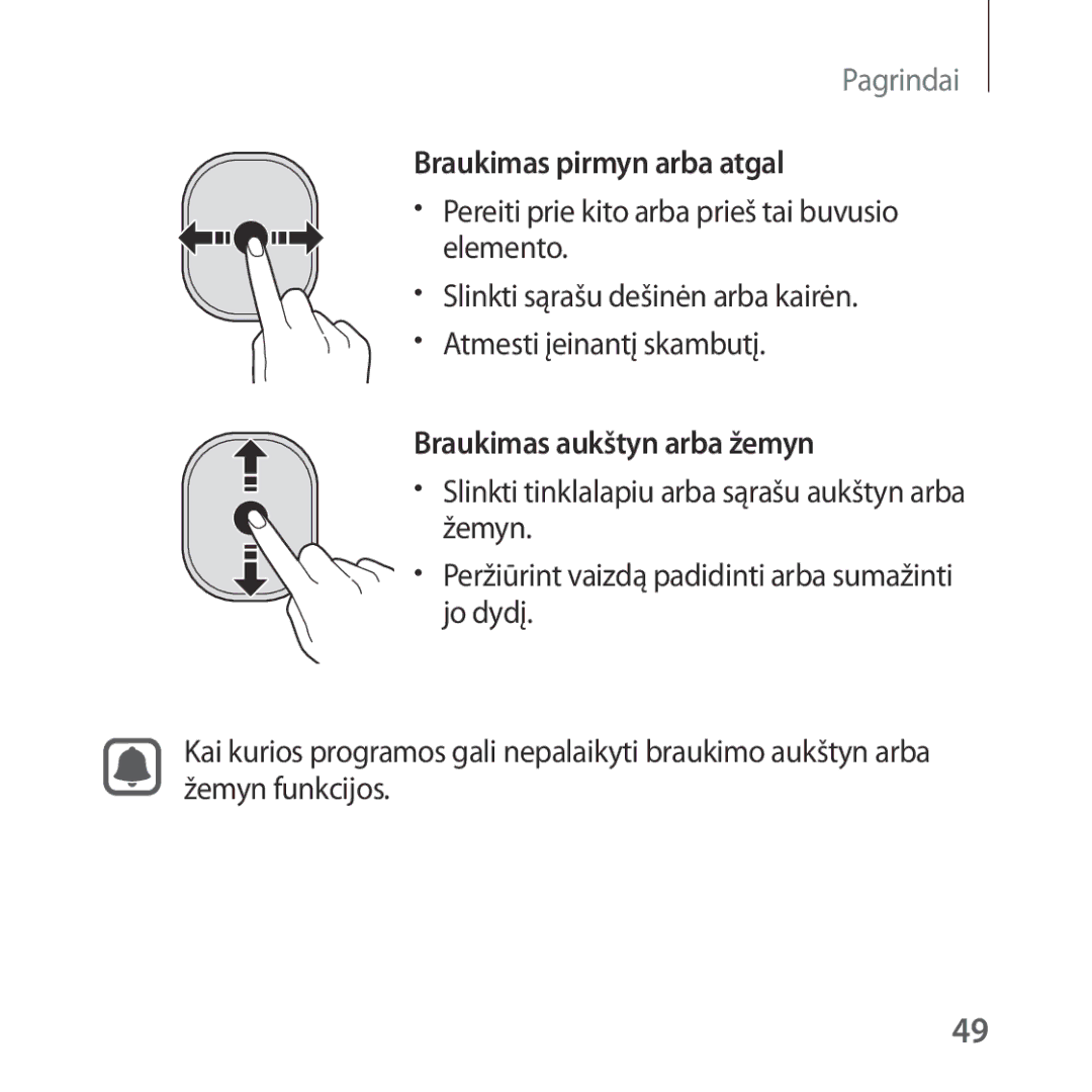 Samsung SM-R325NZVASEB manual Braukimas pirmyn arba atgal, Braukimas aukštyn arba žemyn, Žemyn, Jo dydį 