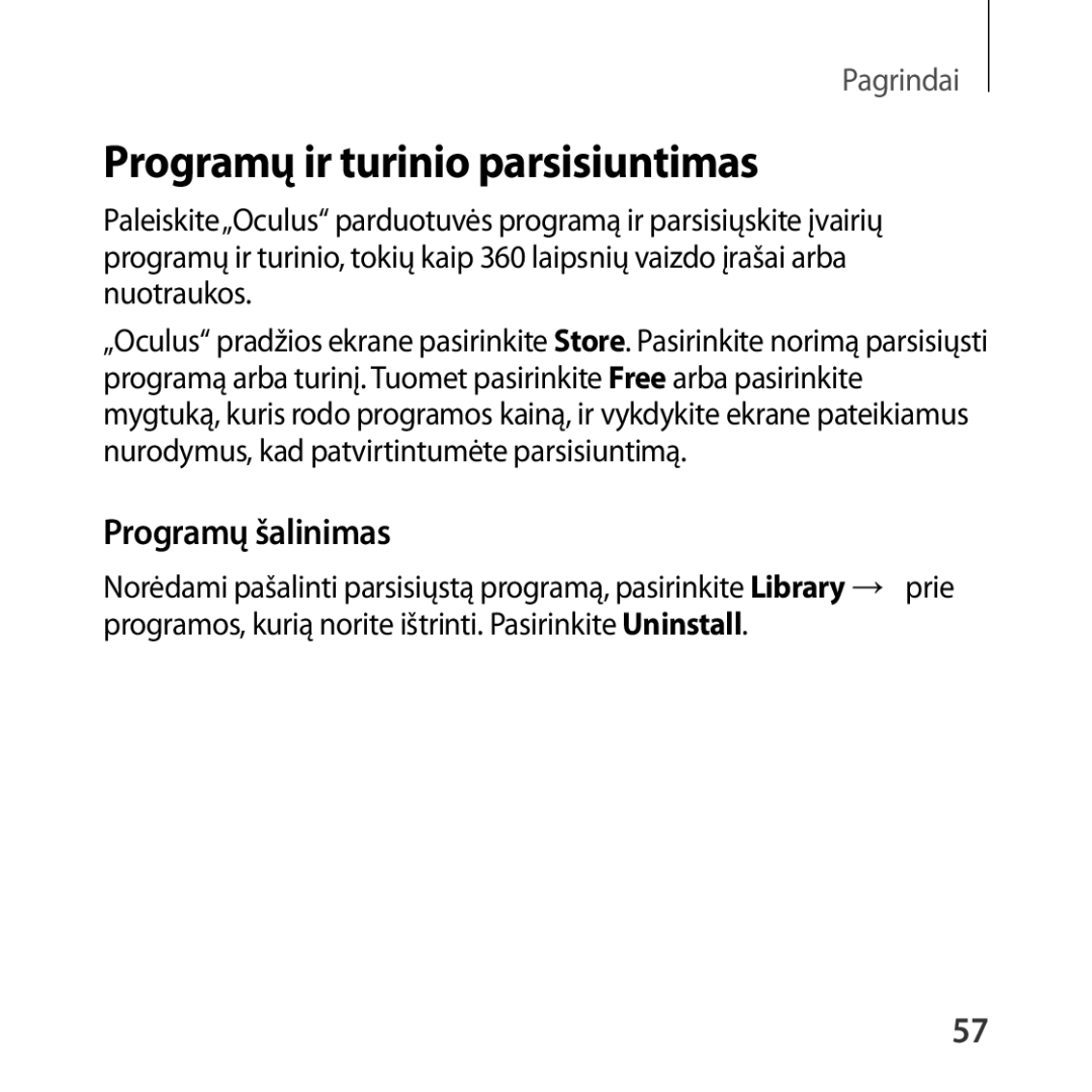 Samsung SM-R325NZVASEB manual Programų ir turinio parsisiuntimas, Programų šalinimas 