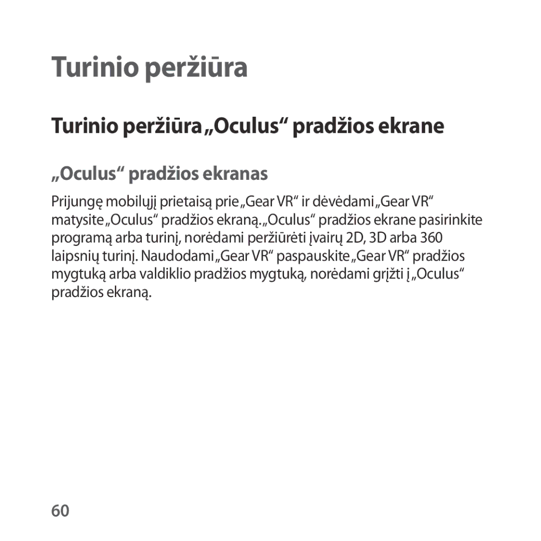 Samsung SM-R325NZVASEB manual Turinio peržiūra„Oculus pradžios ekrane, „Oculus pradžios ekranas 