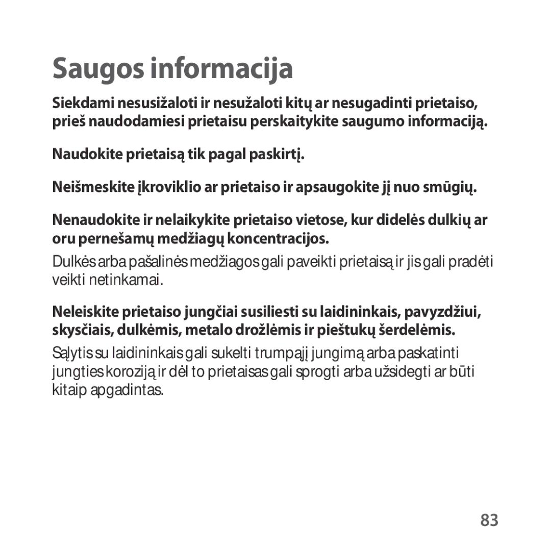 Samsung SM-R325NZVASEB manual Saugos informacija, Naudokite prietaisą tik pagal paskirtį 