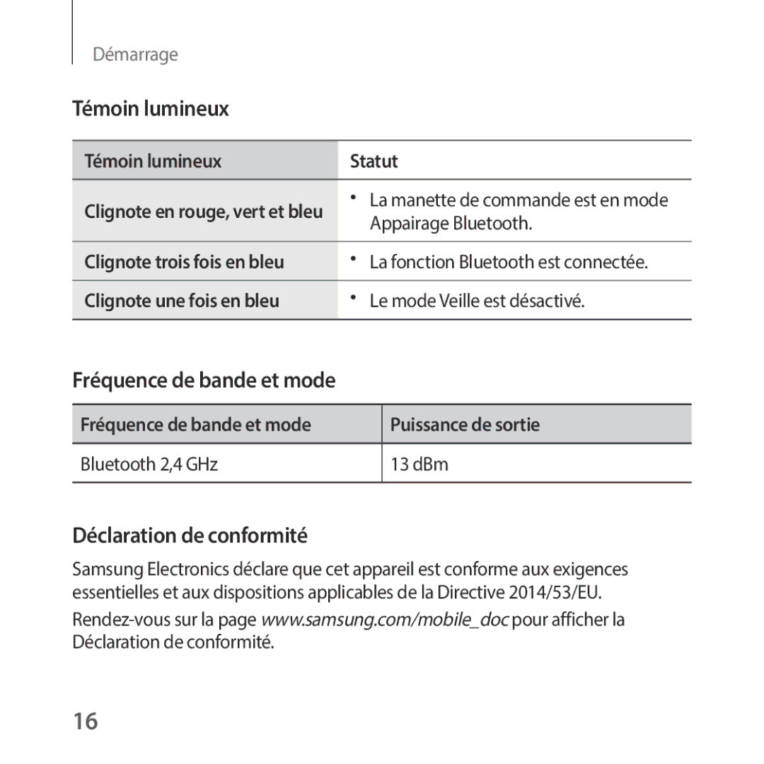 Samsung SM-R325NZVAXEF Témoin lumineux Statut, Appairage Bluetooth, Clignote une fois en bleu Le mode Veille est désactivé 