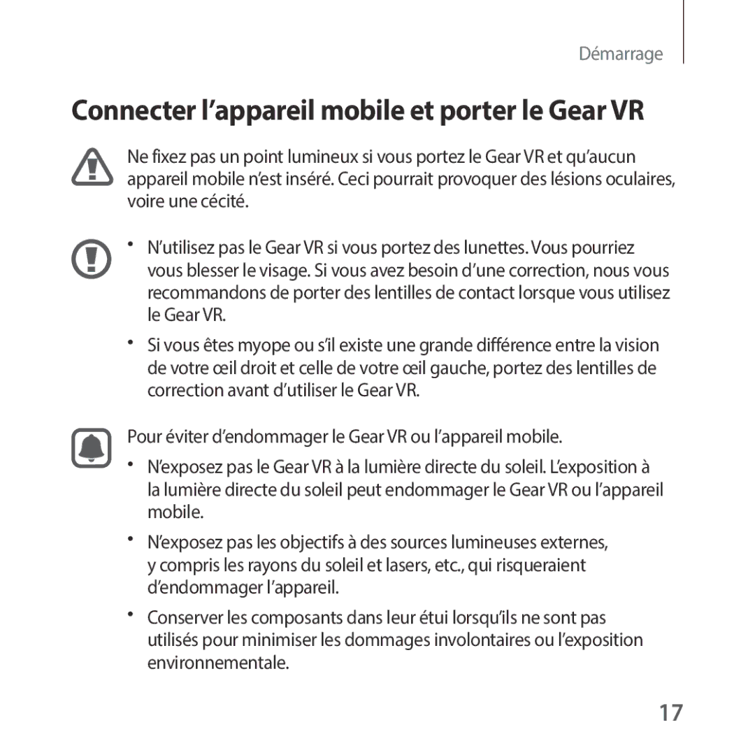 Samsung SM-R325NZVAXEF manual Connecter l’appareil mobile et porter le Gear VR 