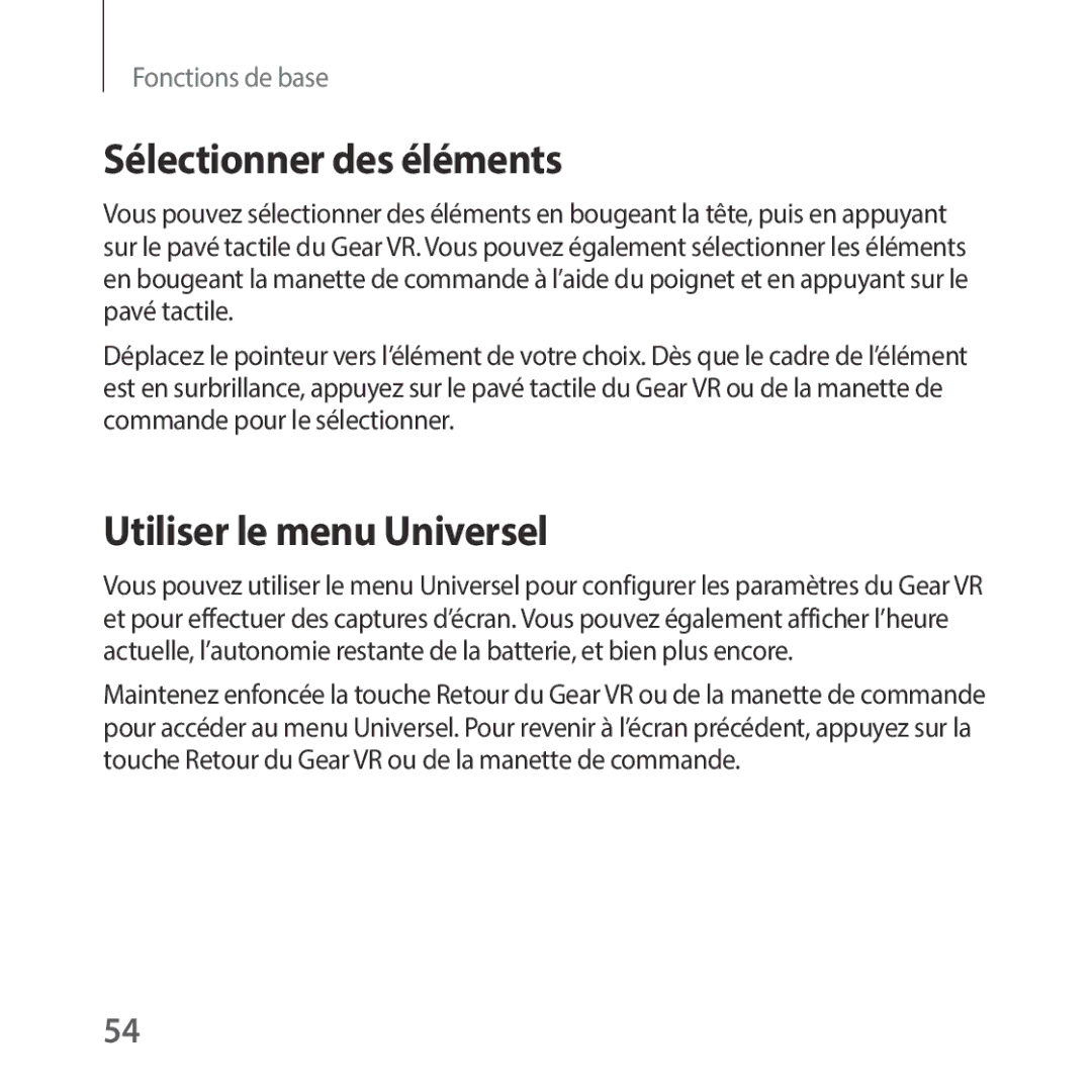 Samsung SM-R325NZVAXEF manual Sélectionner des éléments, Utiliser le menu Universel 