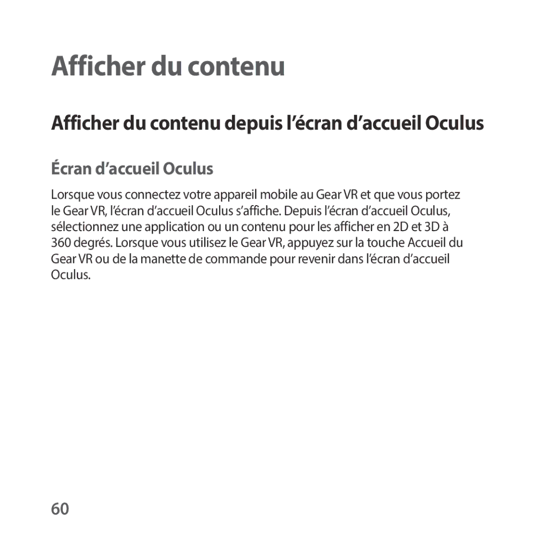 Samsung SM-R325NZVAXEF manual Afficher du contenu, Écran d’accueil Oculus 