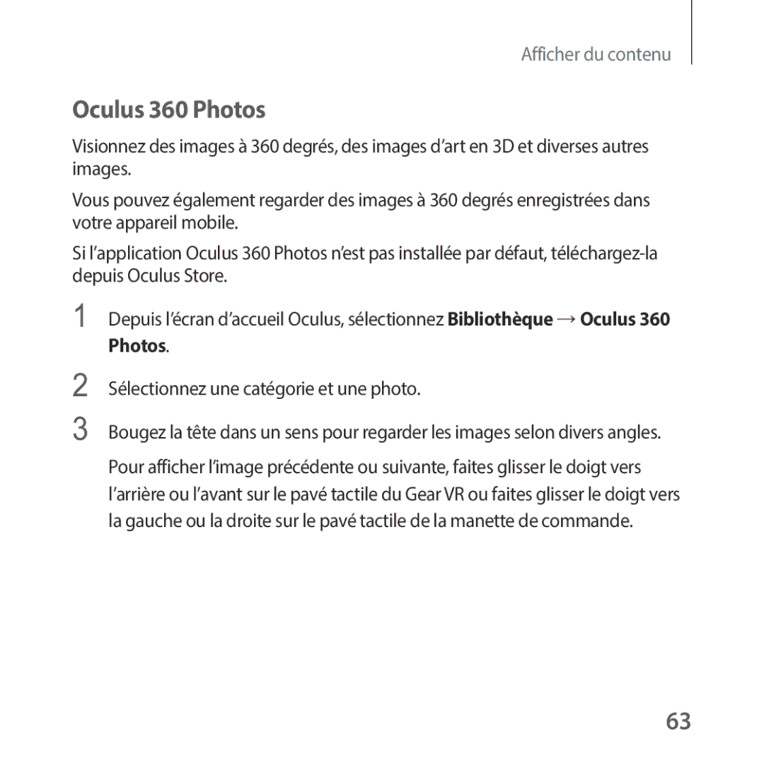 Samsung SM-R325NZVAXEF manual Oculus 360 Photos, Sélectionnez une catégorie et une photo 