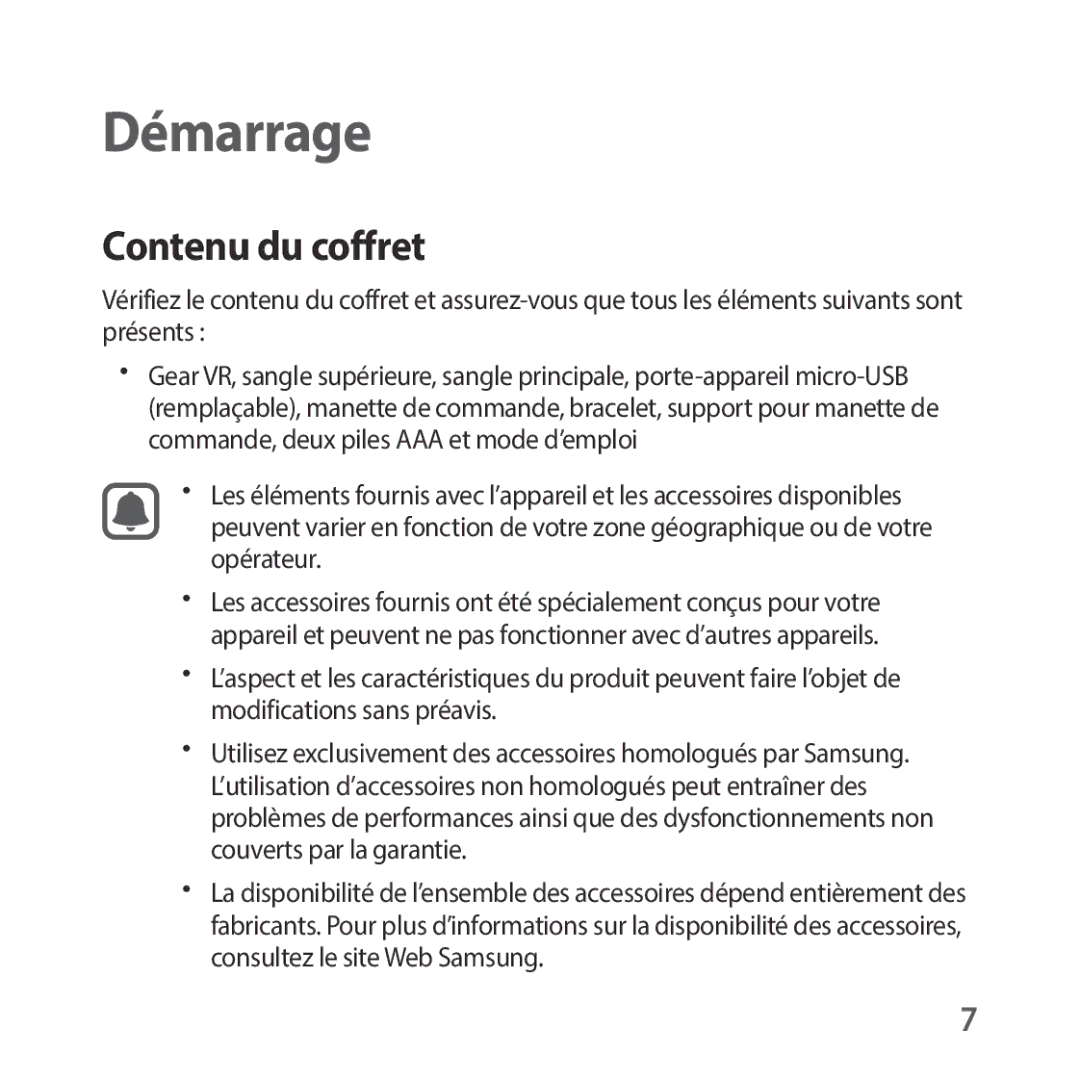 Samsung SM-R325NZVAXEF manual Démarrage, Contenu du coffret 