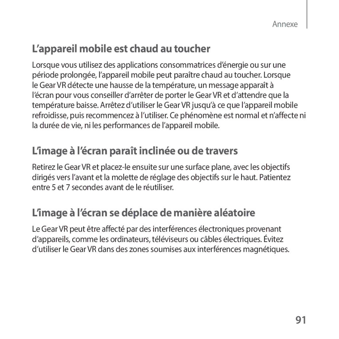 Samsung SM-R325NZVAXEF manual ’appareil mobile est chaud au toucher, ’image à l’écran paraît inclinée ou de travers 