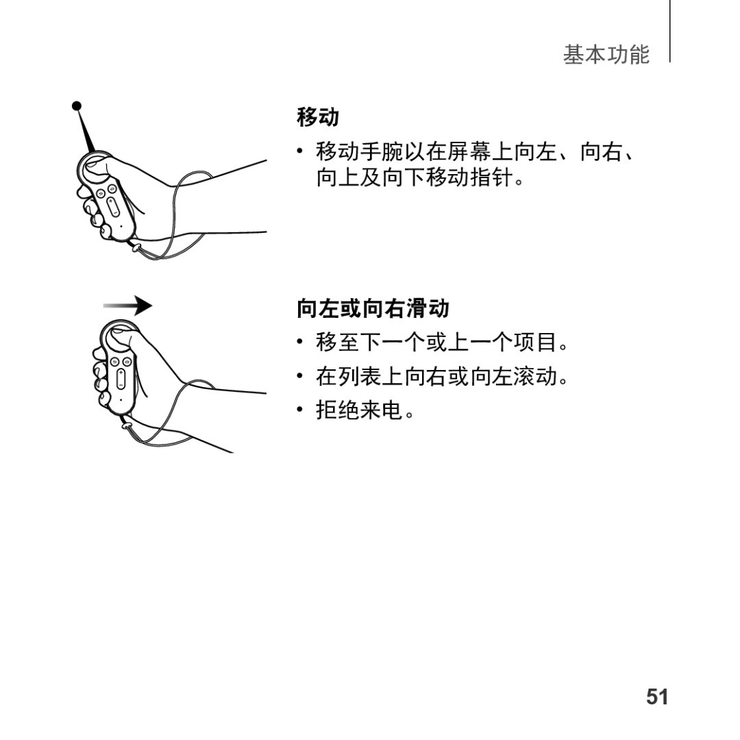 Samsung SM-R325NZVAXXV manual 向左或向右滑动 移至下一个或上一个项目。 在列表上向右或向左滚动。 拒绝来电。 