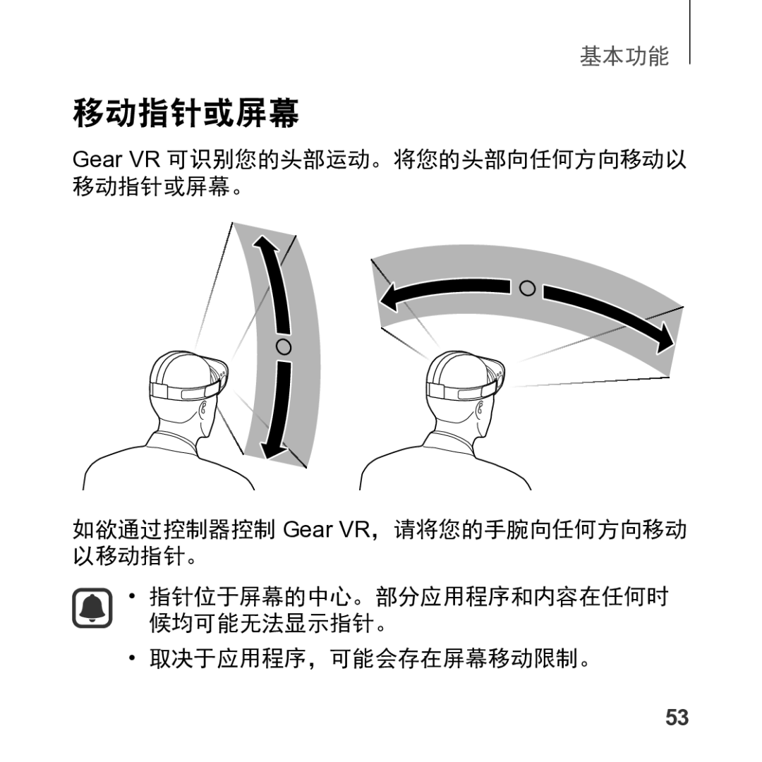 Samsung SM-R325NZVAXXV manual 移动指针或屏幕, 如欲通过控制器控制 Gear VR，请将您的手腕向任何方向移动 以移动指针。, 取决于应用程序，可能会存在屏幕移动限制。 